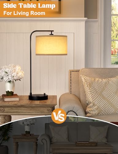 20.7 Inch Dimmable Nightstand Table Lamp with USB & Outlet - Beige Shade & Black Base
