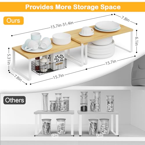 Large Kitchen Counter Shelf Organizer Set of 4 - 15.7 Inch Wood Storage Shelves, Expandable & Stackable, White & Natural Beige Variation