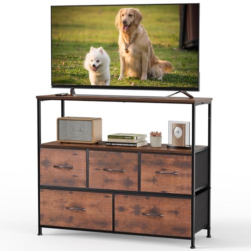 Brown 39.4" TV Stand Media Console with LED Power Station, 5 Drawers & Open Shelves