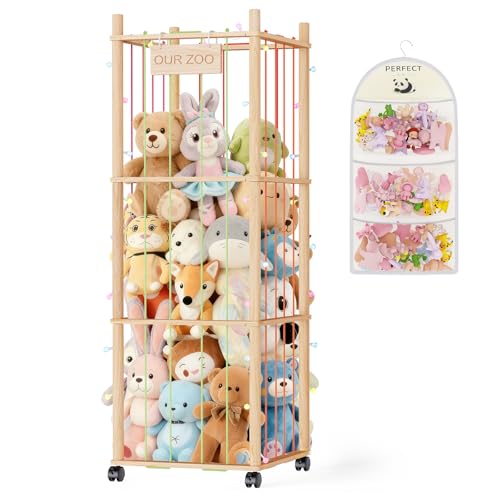 SWRSWR Beige Wooden Stuffed Animal Storage Zoo - Large Capacity Playroom Organizer