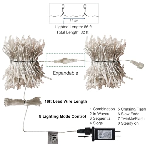 LJLNION 300 LED String Lights 98.5ft White, 8 Modes, Plug-in Waterproof Fairy Lights for Indoor/Outdoor