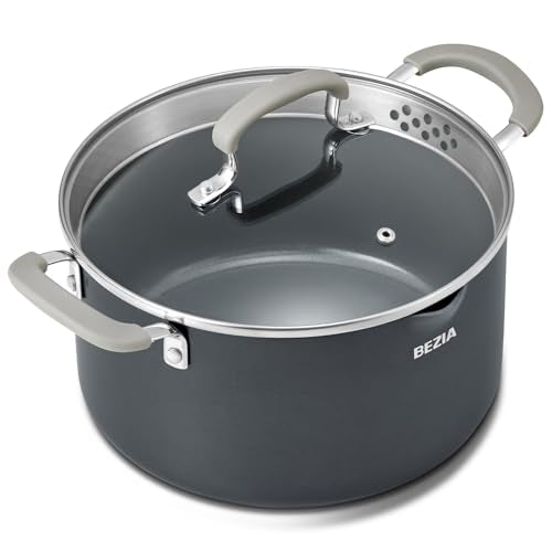 BEZIA 6 Qt Ceramic Non-Stick Stock Pot with Strainer Lid & Pour Spout