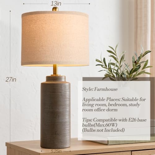 PARTPHONER 27-Inch Vintage Ceramic Table Lamp Set of 2 - Greyish Brown Farmhouse Nightstand Lamps with Ribbed Finish