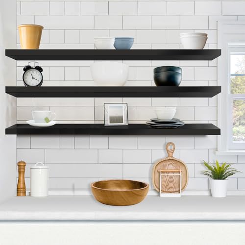 Sorbus Black Floating Wall Shelves 55 Inch, 3 Pack - Modern Home Storage