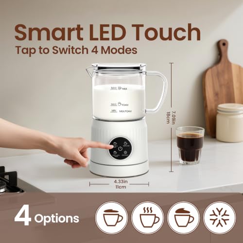 4-in-1 Electric Milk Frother and Steamer - Cream White, LED Touch Screen