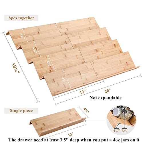 Mulush Bamboo Spice Rack Tray — 8-Piece Drawer Organizer for Kitchen Cabinets