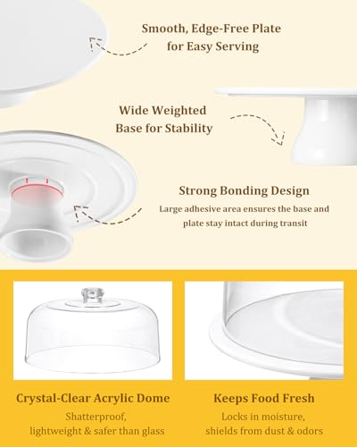 12-Inch Porcelain Cake Stand with Clear Acrylic Dome - White Pedestal