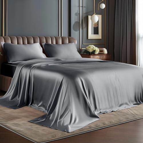 Satin Bed Sheets Set King Size - Dark Grey, 4 Pieces - Luxury Bedding
