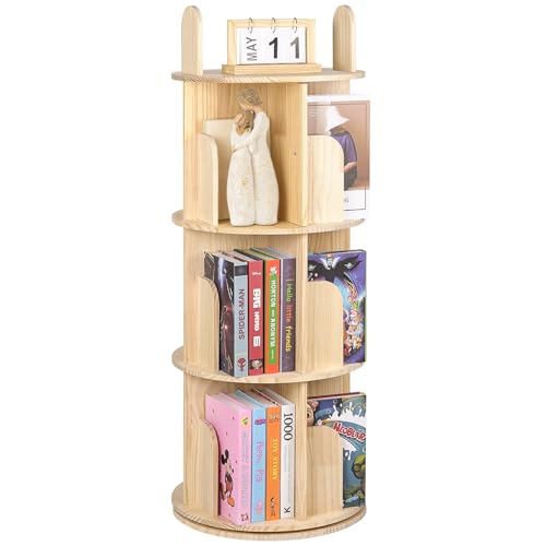 Kryonix 3 Tier Kids Rotating Bookshelf, Spinning Solid Pine Wood