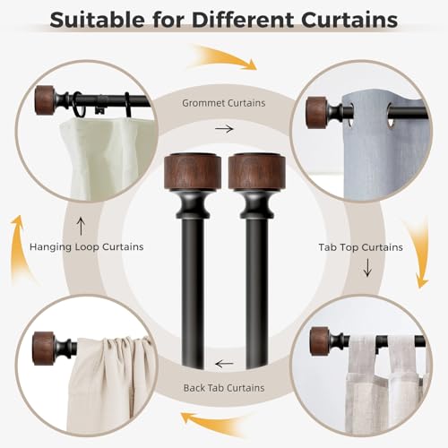 30-88 Inch Wood Curtain Rods Set - Imitation Wood Grain Finials, Adjustable Heavy Duty 2 Pack