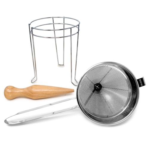9x7 Inch Stainless Steel Conical Chinois with Stand and Pestle for Straining and Pureeing