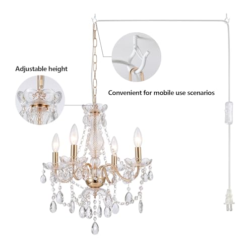 Plug-in Gold Crystal Chandelier French Country Pendant Lighting - 4 Light