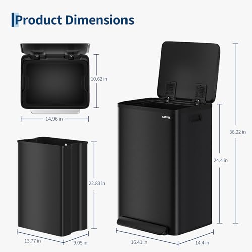 Garvee Matte Black 13 Gallon Stainless Steel Trash Can with Soft Close Lid