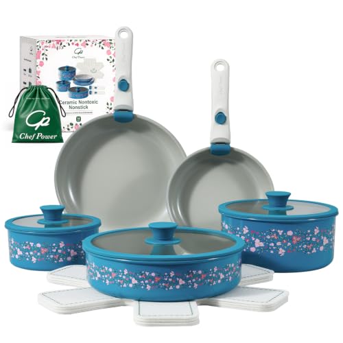 Chef Power 14-Piece Ceramic Cookware Set with Detachable Handles - Non-Toxic, Induction, Dishwasher & Oven Safe, Turquoise