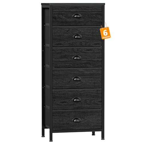 Furnulem Black Fabric Dresser with 6 Drawers - Tall Bedroom Storage, 11.5"D x 16"W x 39.6"H