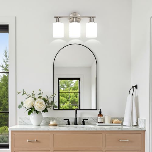 3-Light Vanity Light Fixture - Brushed Nickel & Milky White Glass Shades, Reversible Mounting