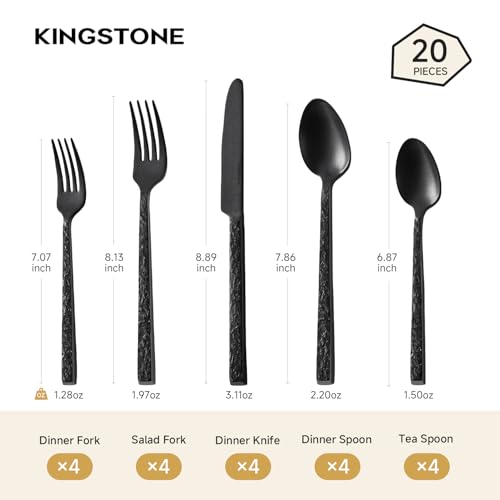 Black Hammered Silverware Set for 4 - 20-Piece Flatware Collection