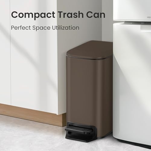 Small Bathroom Trash Can with Lid - 1.6 Gallon, Soft Close, Brown