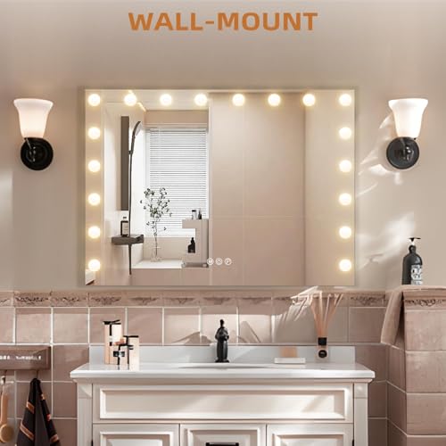Hansong 32x23 Inch Hollywood Vanity Mirror with Lights, 18 Dimmable Bulbs, Touch Control, USB Charging, Wall Mount Option