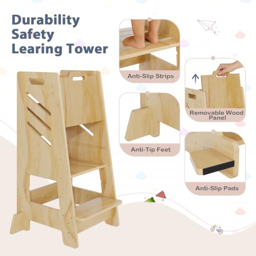 Wooden Toddler Tower with Sliding Panel, 3-Level Adjustable Kitchen Stool, Safe & Sturdy