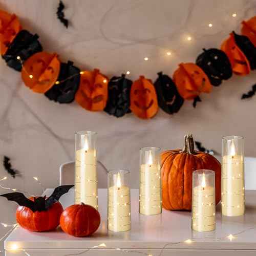 GenSwin Flickering Flameless Candles with Remote Timer, 5 Pack Battery Operated with Embedded Star String, Clear LED Battery Candles for Halloween Christmas Wedding Decor(D2.3¡± x H5¡±5¡±6¡±7¡±8¡±)