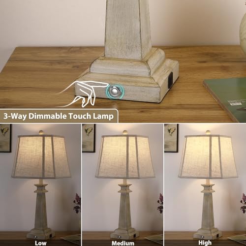 Antique White Farmhouse Table Lamps Set of 2 - 27.5" Dimmable Touch Lamps with USB Charging Ports