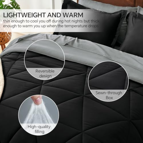 BEDELITE Reversible Black/Dark Grey Twin XL Comforter Set 5 Pieces Bed in a Bag