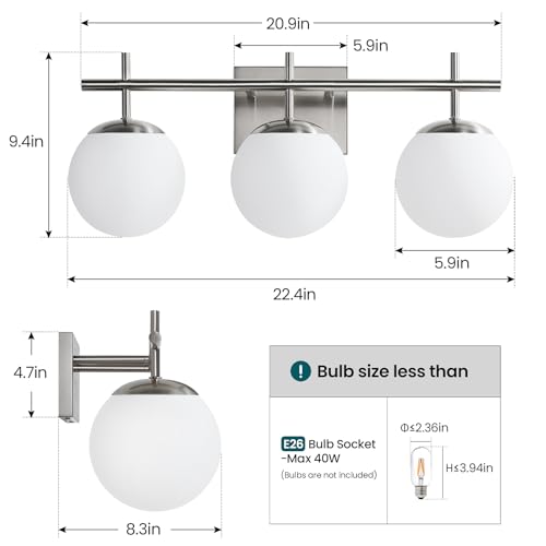 Brushed Nickel Bathroom Vanity Light Fixture Over Mirror - 3-Light Mid-Century Modern Globe Shades