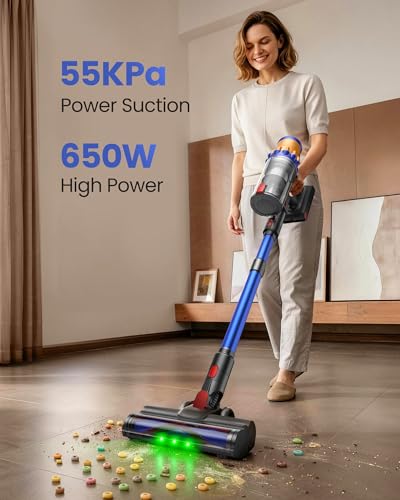Cordless Stick Vacuum Cleaner 650W 55Kpa with 70-Min Runtime, Self-Standing, Anti-Tangle
