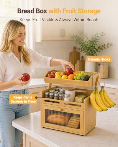 Bamboo Bread Box with Fruit Basket - Kitchen Countertop Organizer