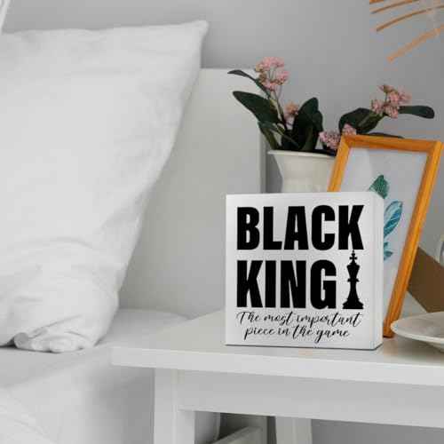 Black King Decor Wooden Box Sign, Inspirational African American Men Desk Decoration Afro Boy Black Men Home Office Bedroom Living Room Decor, Black King Gifts for Men, White