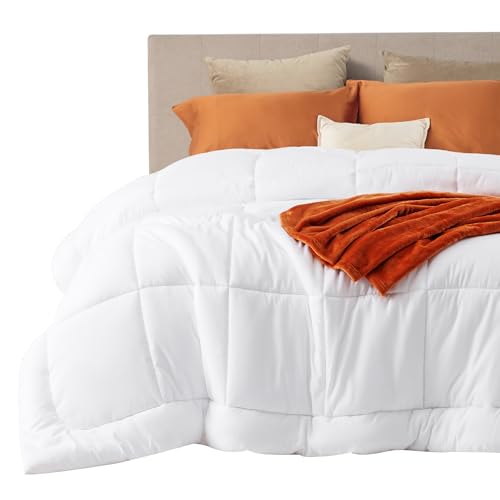 King Comforter Duvet Insert - White All-Season Quilted Bedding with Box-Stitch Design