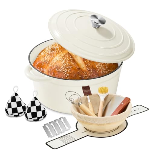 Enameled Cast Iron Dutch Oven Pot 6.5 QT with Lid - Cream White for Bread Baking