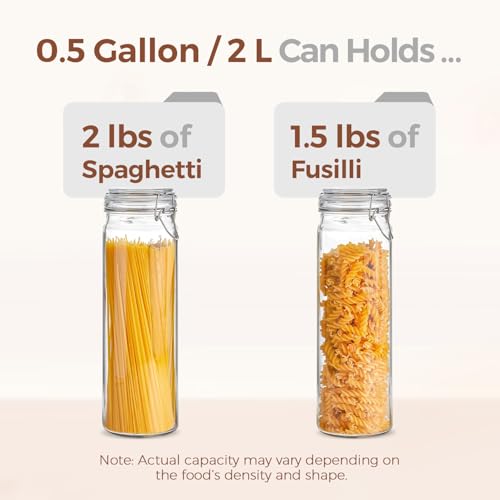 ComSaf Tall Glass Pasta Storage Containers 68 oz 3-Pack with Airtight Lids - 13 Inch Long Noodle Canisters