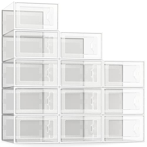 SEE SPRING Large Fit 12 Pack Clear Stackable Shoe Storage Boxes for Size 9 Shoes