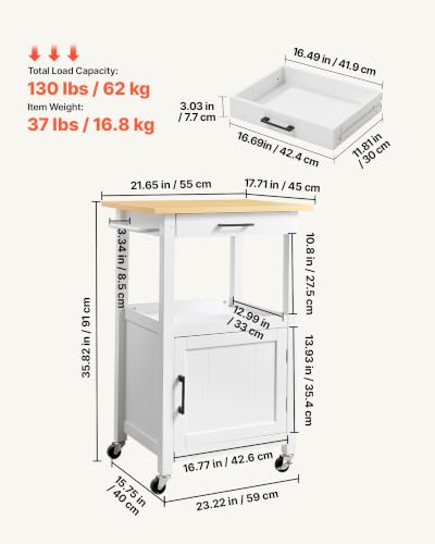 White Kitchen Island Cart with Storage, Drawer, Towel Rack & Swivel Wheels - 23.2" W