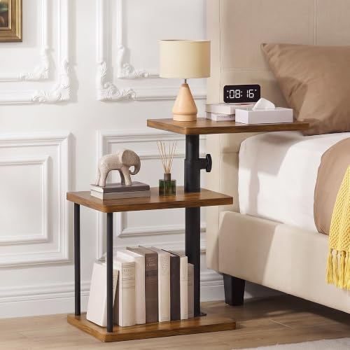 Adjustable Height Swivel End Table - Rustic Brown 3-Tier Side Table