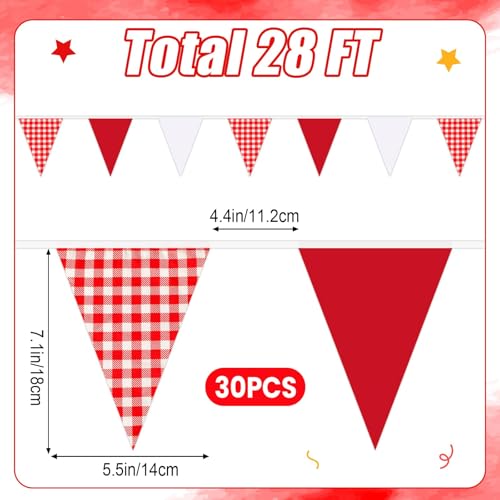 MARFOREVER 28 FT Red Plaid Checkered White Pennant Banner Flags, 30 Pcs Fabric Triangle Flag Bunting Garland Banner for Picnic Wedding Birthday Carnival Baby Shower Christmas Garden Party Decorations