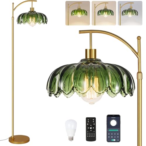ILLMTW Gold Floor Lamp - 2 Variation Mid Century Modern Dimmable Arc Lamp with Remote & Green Glass Shade