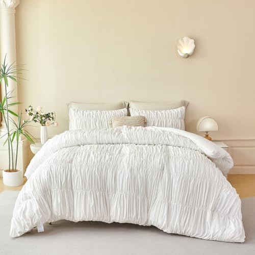White Bedding Queen Size Set - 5 Pieces Fluffy Ruched Comforter Boho Chic All Season