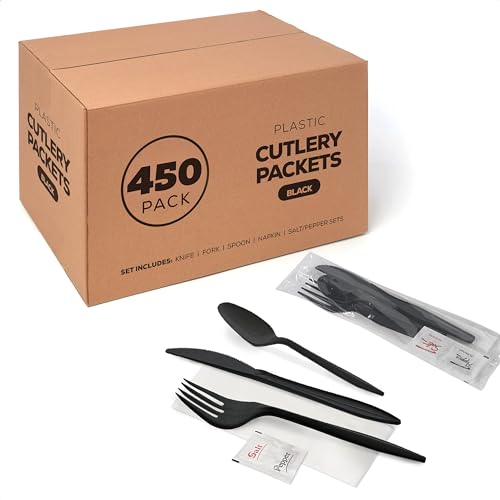 450 Pack Disposable Black Plastic Cutlery Set with Napkins & Salt & Pepper Packets - Individually Wrapped Utensil Kits for Catering and Takeout