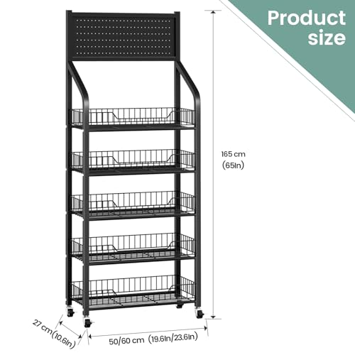 60cm Black Metal Snack Display Rack with Hooks & Wheels - 5 Tiers for Store & Home