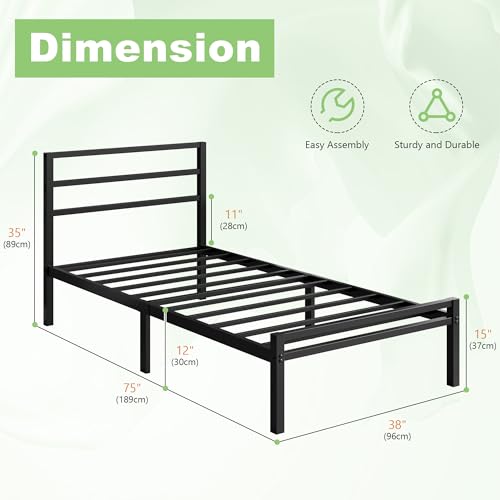 Lutown-Teen 12 Inch Twin Bed Frame with Headboard & Footboard - Sturdy Metal Platform Bed for Kids & Teens