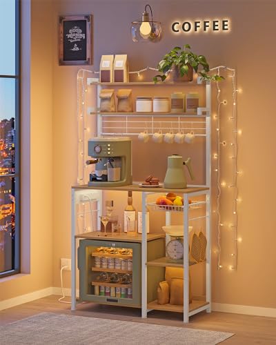 VASAGLE Kitchen Baker's Rack with Power Outlet, 35.4W x 65.2H, Golden Oak + Cloud White