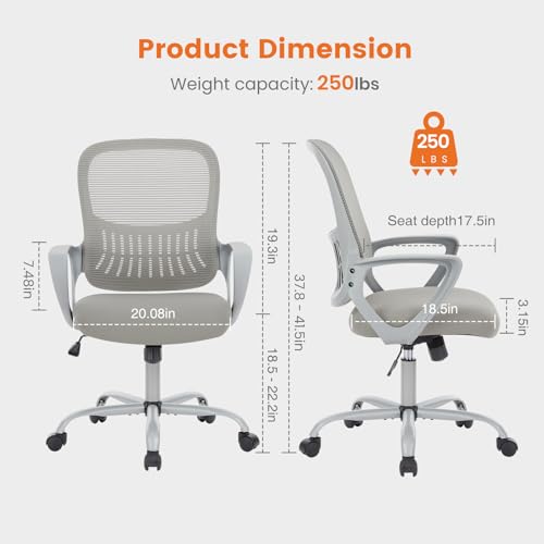 Ergonomic Mesh Office Chair Grey 18.5" Fixed Arm - Sweetcrispy
