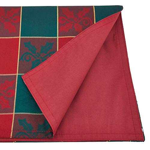 Red Green Plaid Christmas Table Runner 14 x 108 inch Holiday Jacquard with Gold Accents
