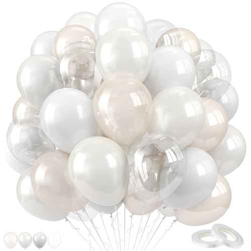 Pearl White Balloons Set, 60PCS Double Stuffed Pearl Balloons, 12 Inch Ivory Sand White Latex Transparent Clear Balloon Helium for Birthday Wedding Engagement Bridal Baby Shower Party Decorations