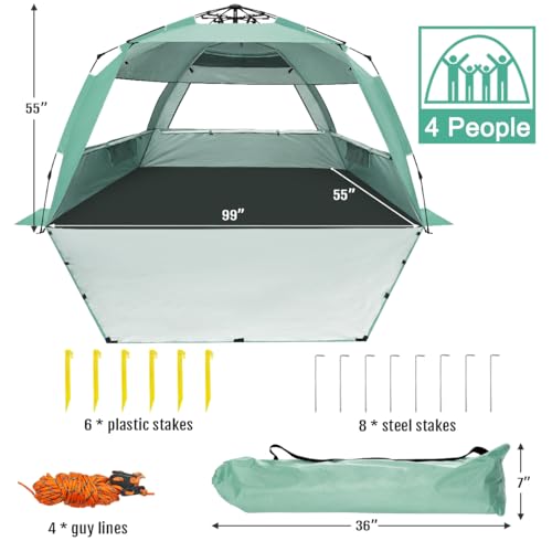 WhiteFang Mint Green XXL Pop Up Beach Tent Sun Shade Shelter for 3-4 People, UV Protection, Extendable Floor
