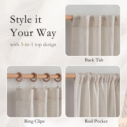 Linen Curtains for Living Room - 50W x 96L Semi Sheer Farmhouse Drapes Set of 2 Natural Linen