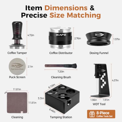 Black 58mm Espresso Tool Set 8-in-1 Coffee Tamper Distributor Funnel Puck Screen